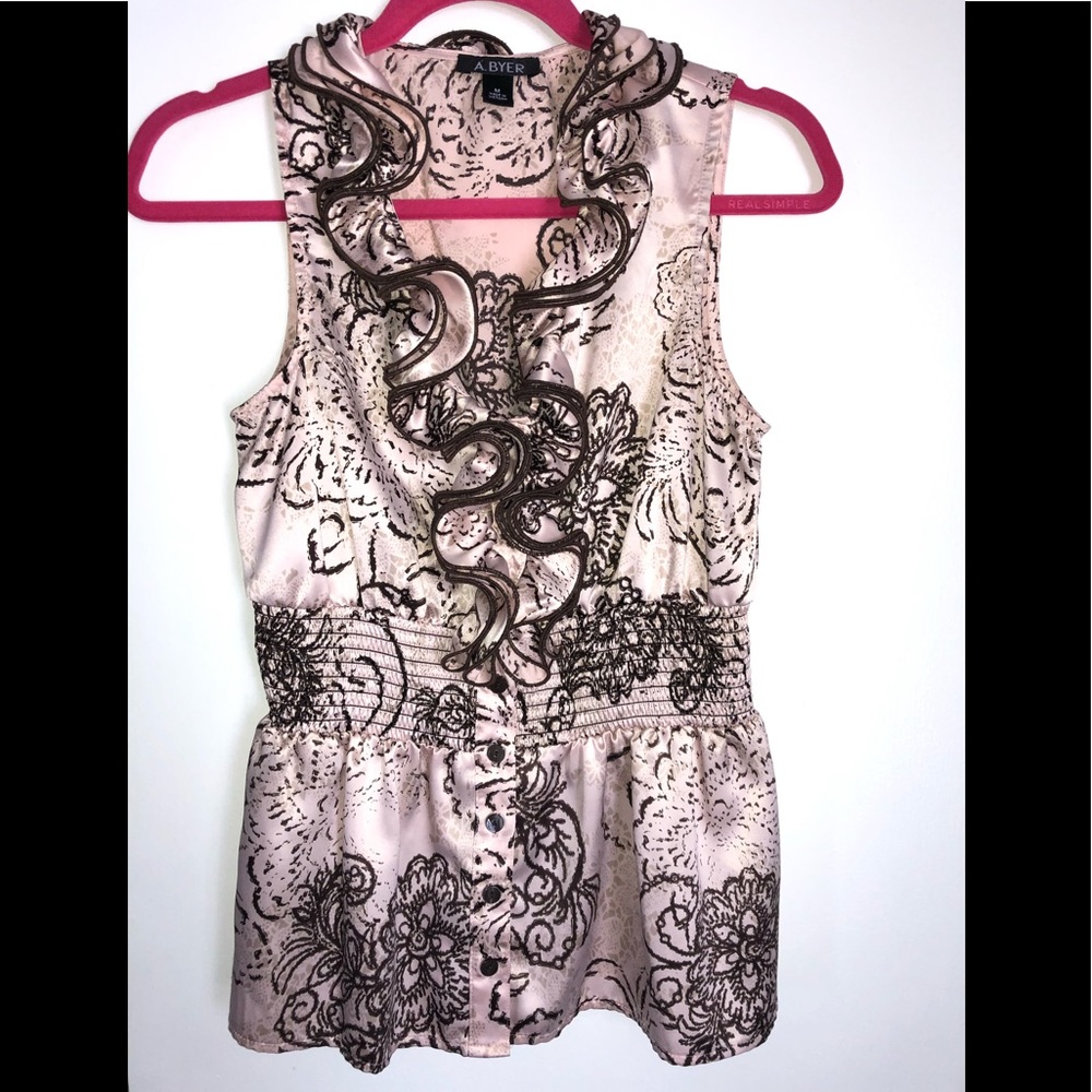 A. Byer Brown and Pink Sleeveless Ruffle